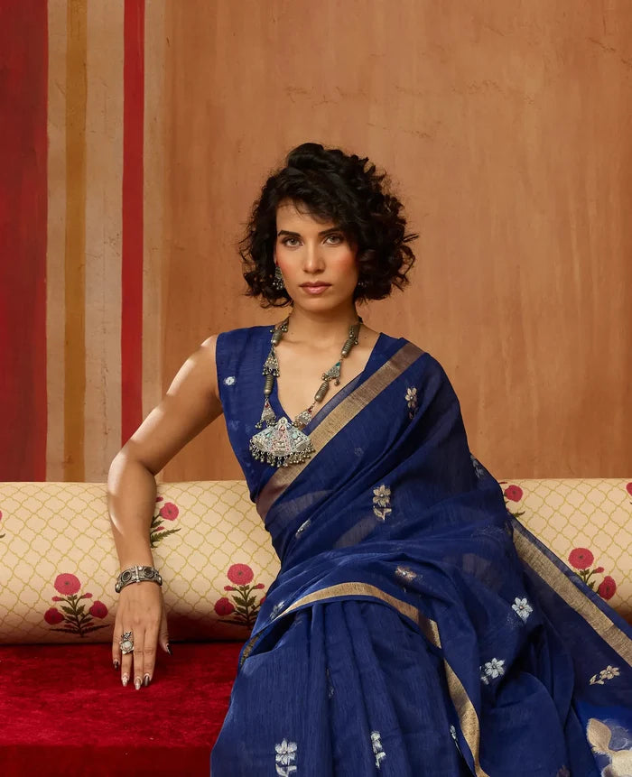 Navy Blue Silk Zari Weaving Saree