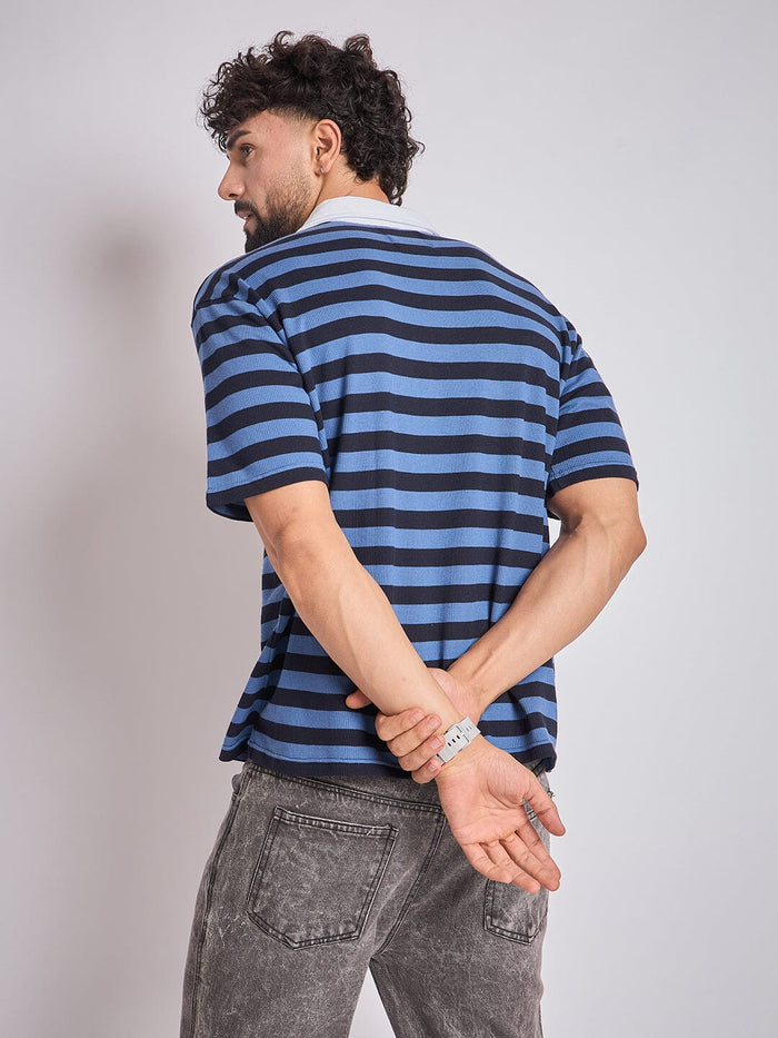 Navy Striped Graphic Polo Tshirt