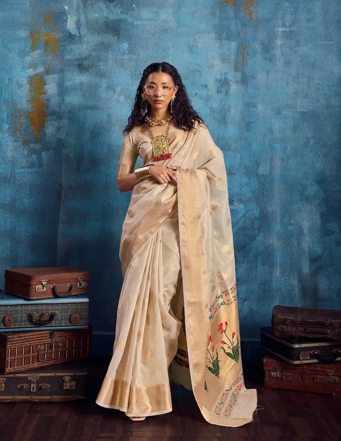 Off White Tissue Paithani Saree
