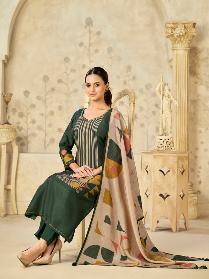 Olive Printed With Handwork Straight Kurta With Dyed Trousers And Geometric Shapes Printed Dupatta