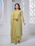 OLIVE PRINTED WITH LACE WORK STRAIGHT KURTA WITH DYED TROUSERS AND PRINTED DUPATTA