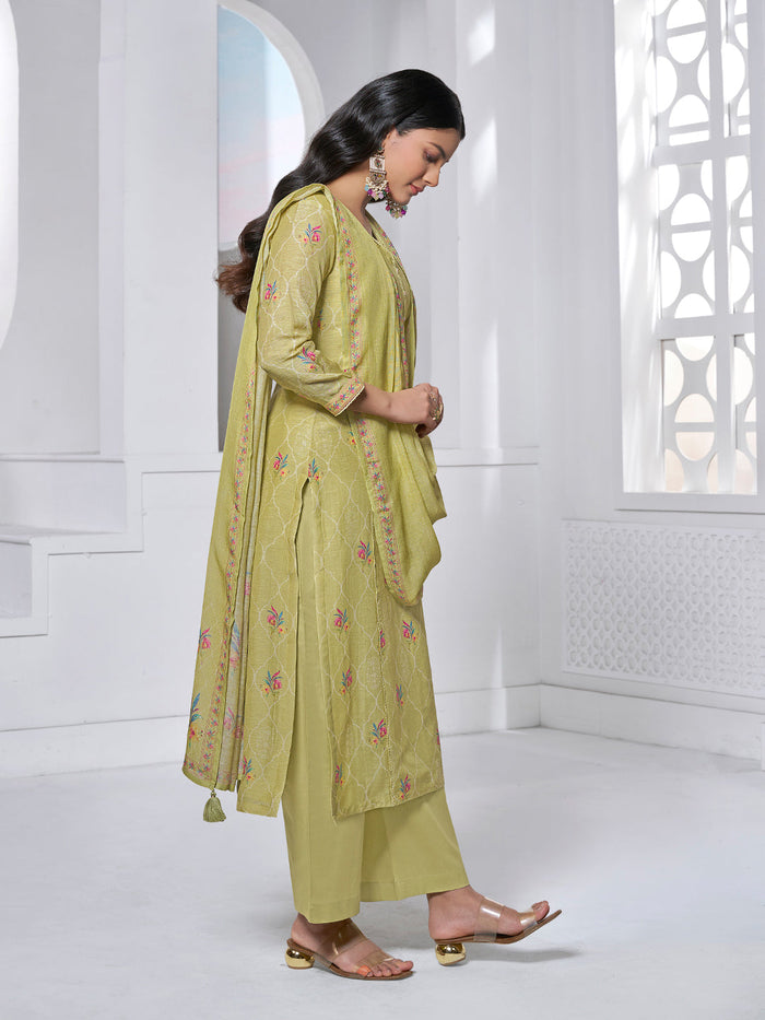 OLIVE PRINTED WITH LACE WORK STRAIGHT KURTA WITH DYED TROUSERS AND PRINTED DUPATTA
