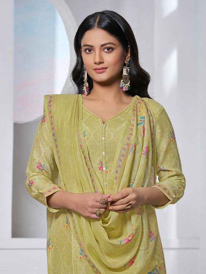 OLIVE PRINTED WITH LACE WORK STRAIGHT KURTA WITH DYED TROUSERS AND PRINTED DUPATTA