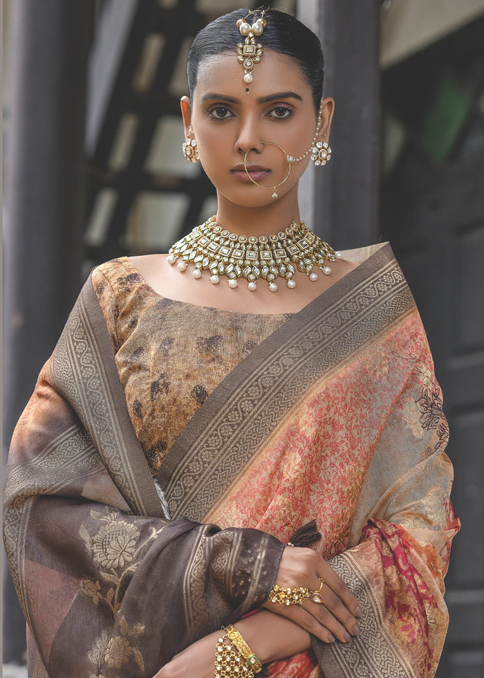 Orange and Grey Woven Silk Saree - qivii