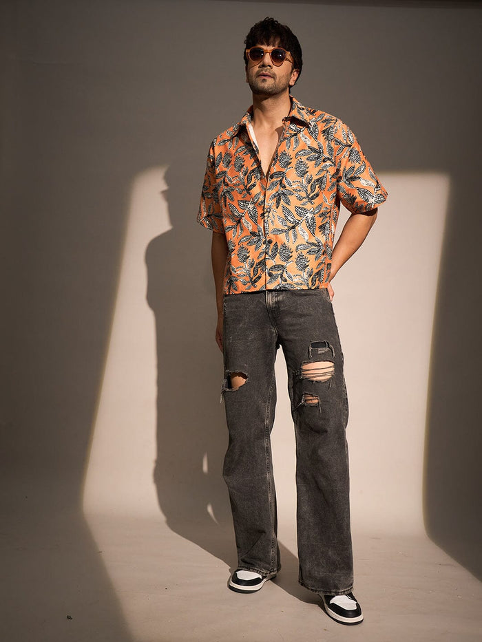 Orange Floral Print Cropped Shirt