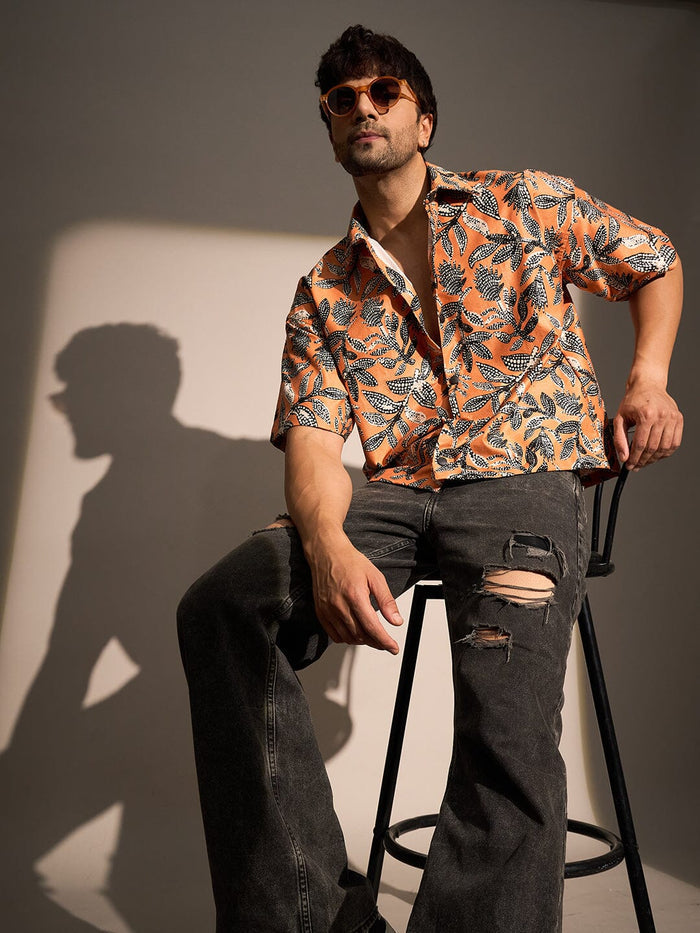 Orange Floral Print Cropped Shirt