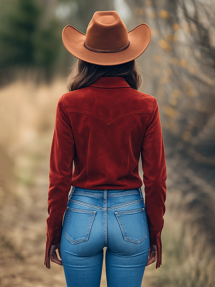 Outdoor Western Cowboy Red Suede Lapel Tassel Long Sleeve Shirt  - By Qivii