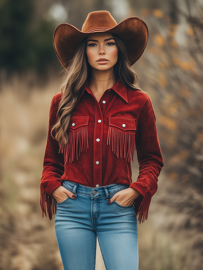 Outdoor Western Cowboy Red Suede Lapel Tassel Long Sleeve Shirt  - By Qivii