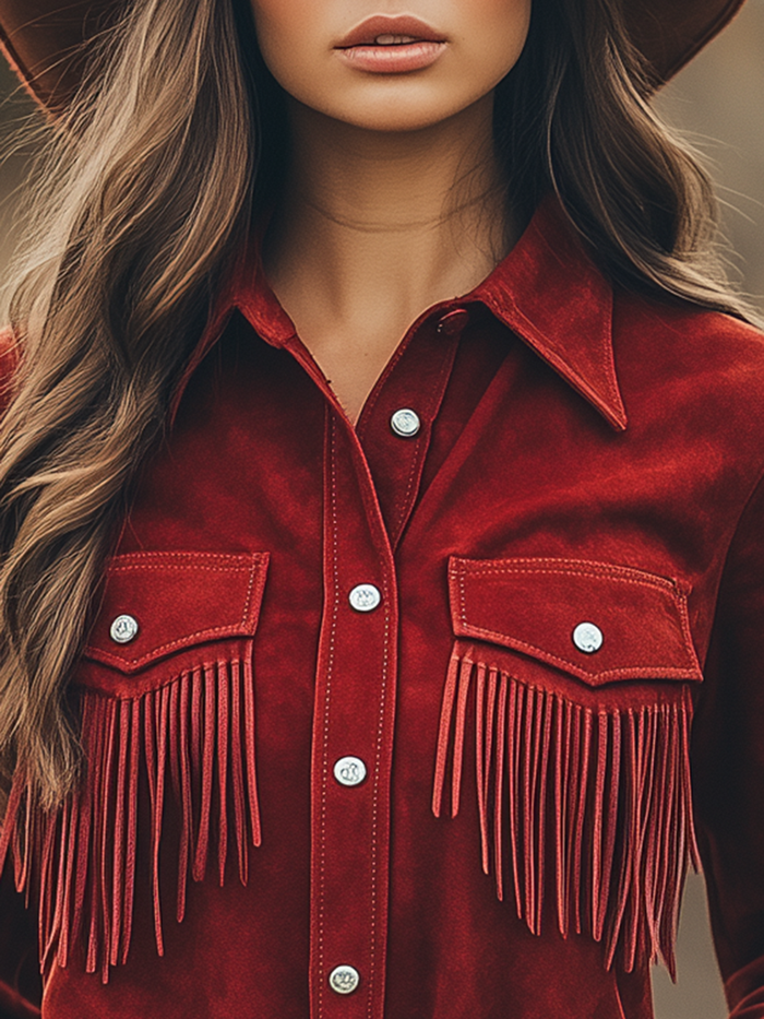 Outdoor Western Cowboy Red Suede Lapel Tassel Long Sleeve Shirt  - By Qivii