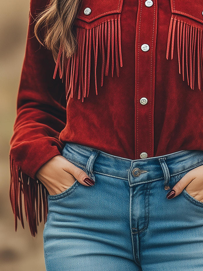 Outdoor Western Cowboy Red Suede Lapel Tassel Long Sleeve Shirt  - By Qivii