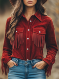 Outdoor Western Cowboy Red Suede Lapel Tassel Long Sleeve Shirt  - By Qivii
