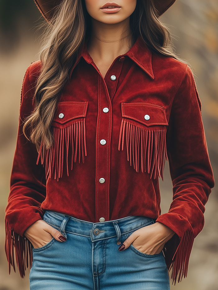 Outdoor Western Cowboy Red Suede Lapel Tassel Long Sleeve Shirt  - By Qivii