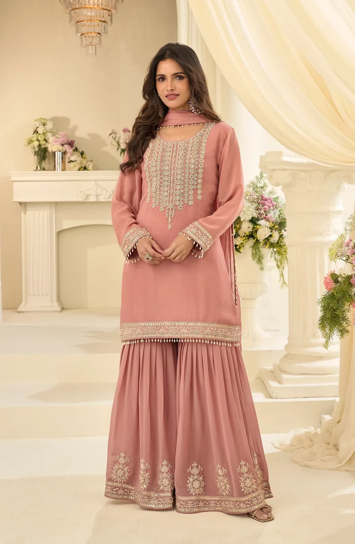 Peach Georgette Embroidered Sharara Suit with Sequins Work & Matching Dupatta