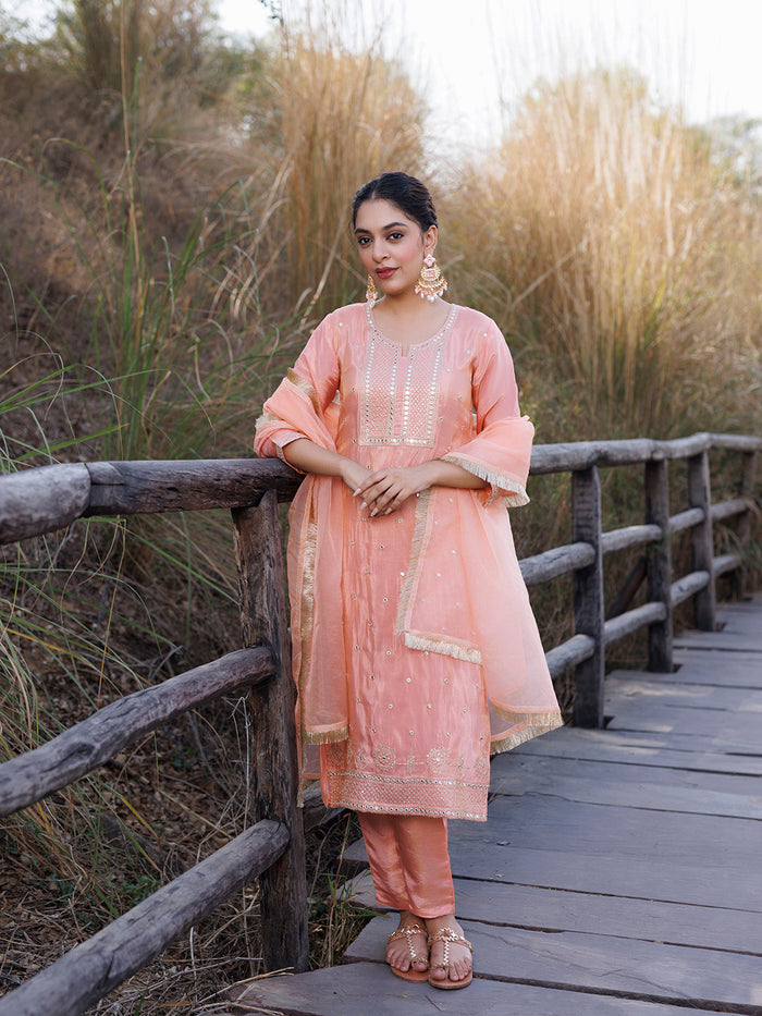 Peach Nectar Embroidered Silk Suit Set