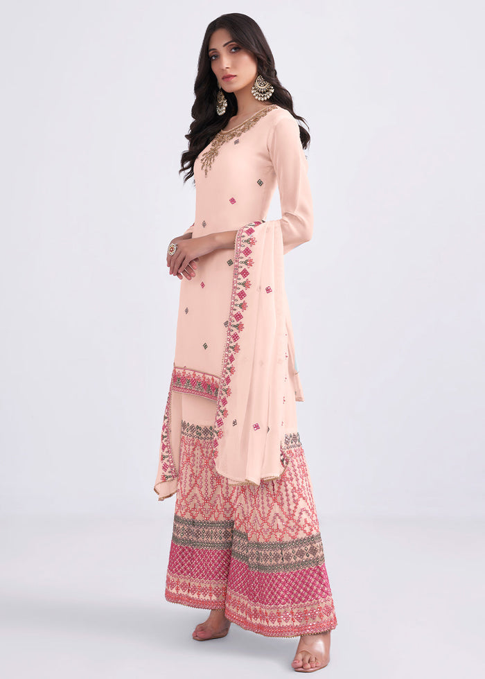 Peach Pink Designer Georgette Embroidered Suit - qivii