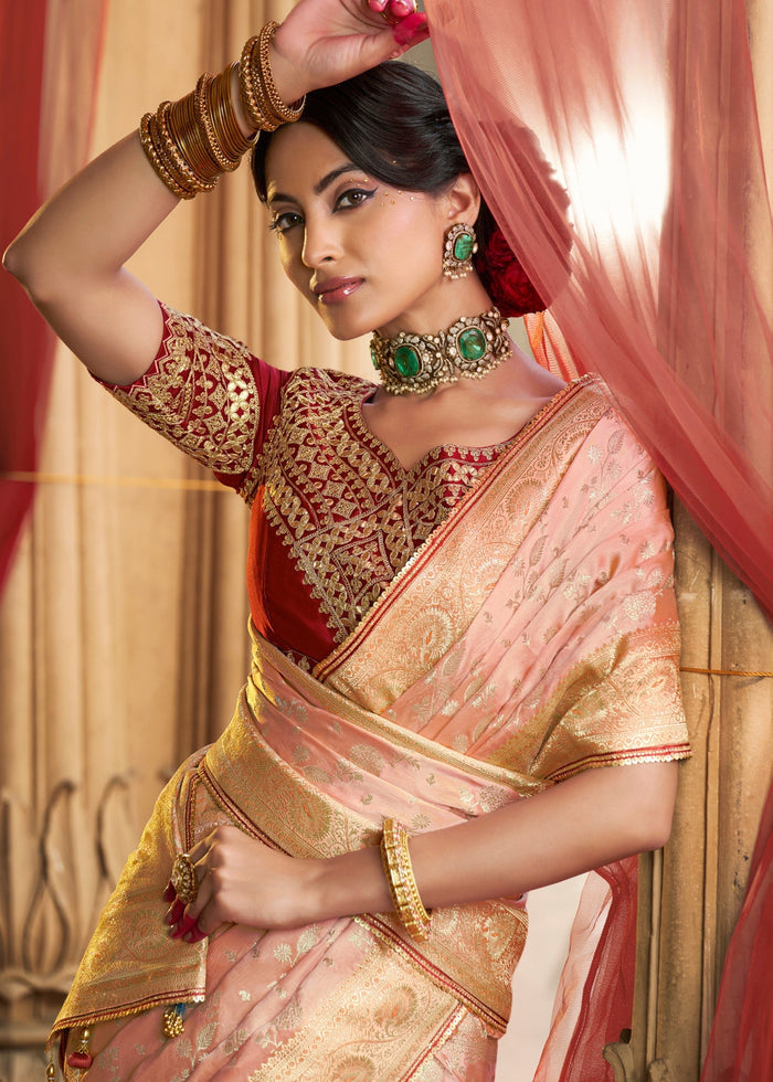 Peach Satin Silk Saree With Beautiful Lace Border And Heavy Designer Embroidered Blouse - qivii