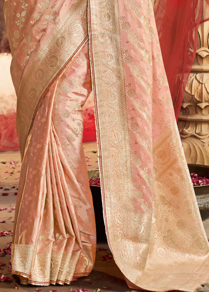 Peach Satin Silk Saree With Beautiful Lace Border And Heavy Designer Embroidered Blouse - qivii
