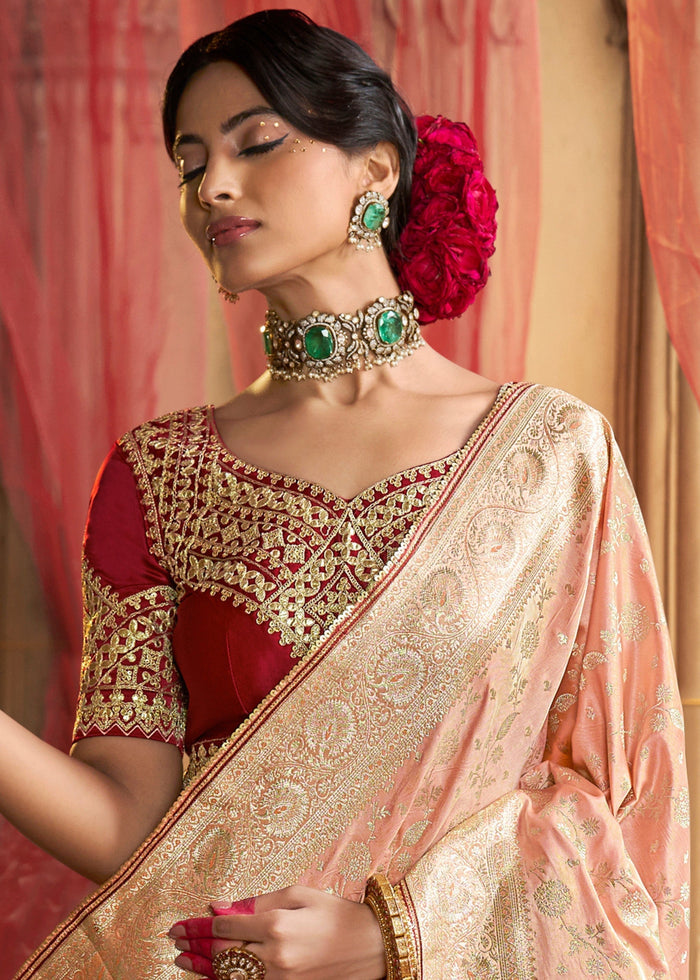 Peach Satin Silk Saree With Beautiful Lace Border And Heavy Designer Embroidered Blouse - qivii