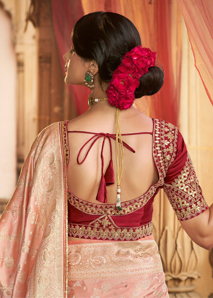 Peach Satin Silk Saree With Beautiful Lace Border And Heavy Designer Embroidered Blouse - qivii