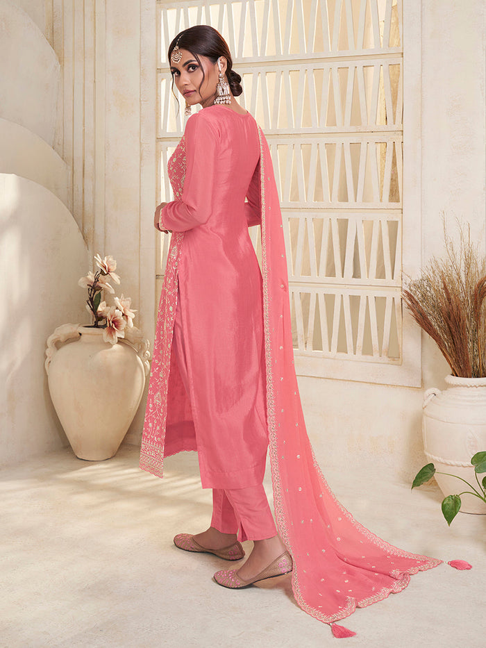 Peach White Thread Embroidered Kurta Suit Set