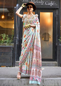 Pearl White Printed Satin Georgette Saree - qivii