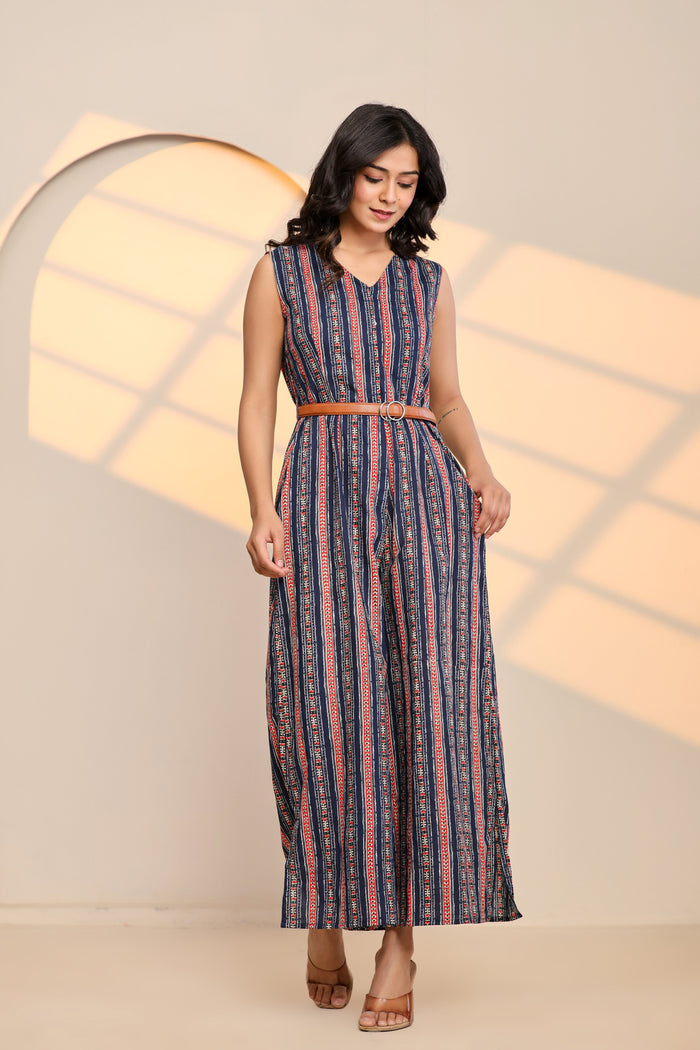 Peony Blue Cotton Printed Jumpsuit