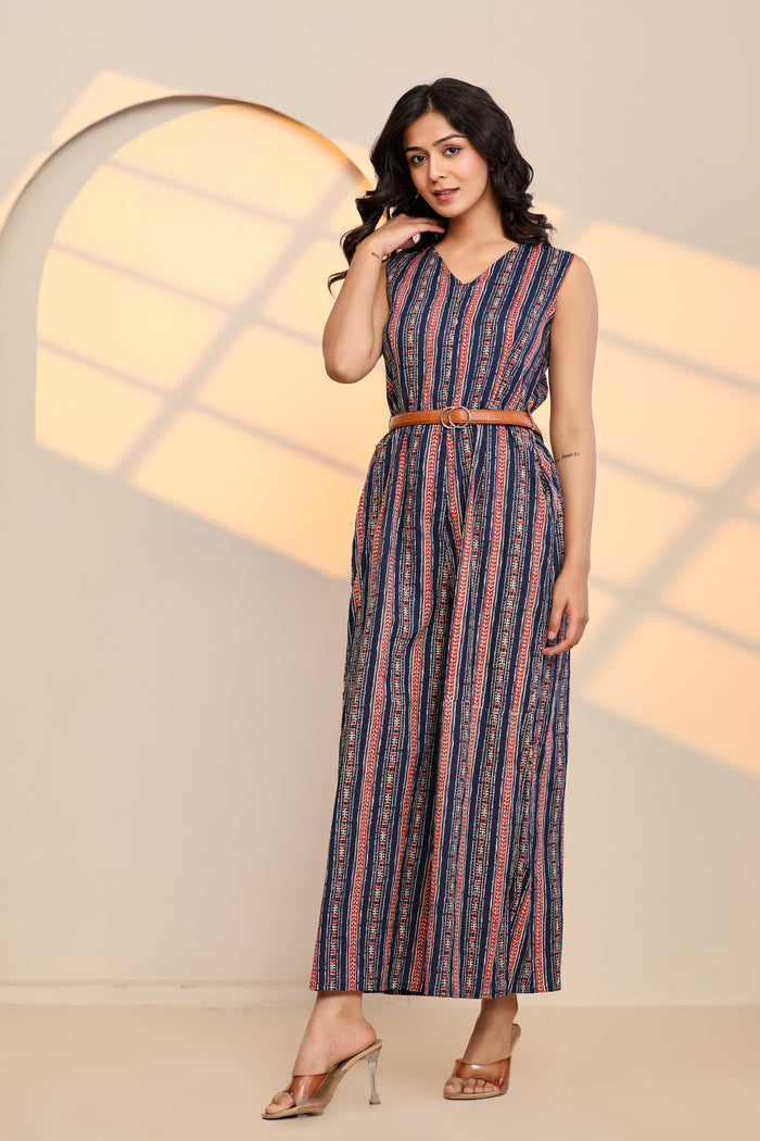 Peony Blue Cotton Printed Jumpsuit