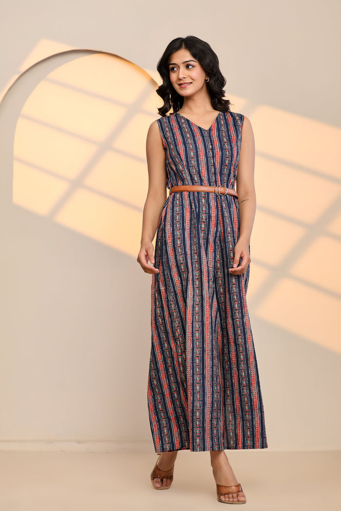 Peony Blue Cotton Printed Jumpsuit