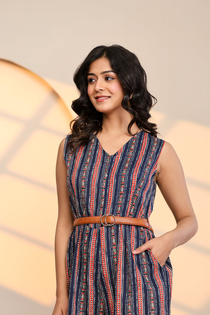 Peony Blue Cotton Printed Jumpsuit