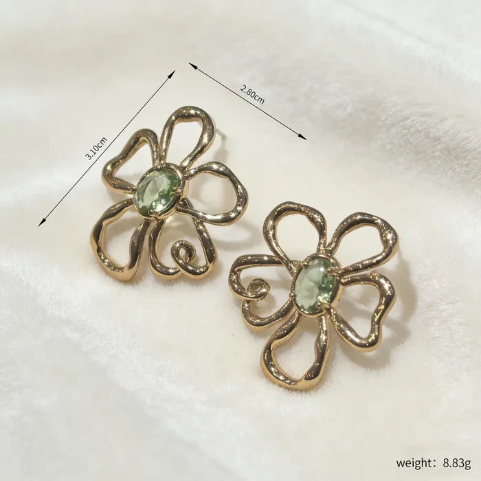 UV-plated 18K Gold Hollow Green Zircon Flower Earrings for Women