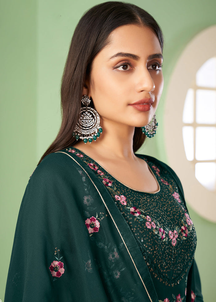 Pine Green Georgette Salwar Suit with Multi Colour Thread Embroidery & Sequence work - qivii