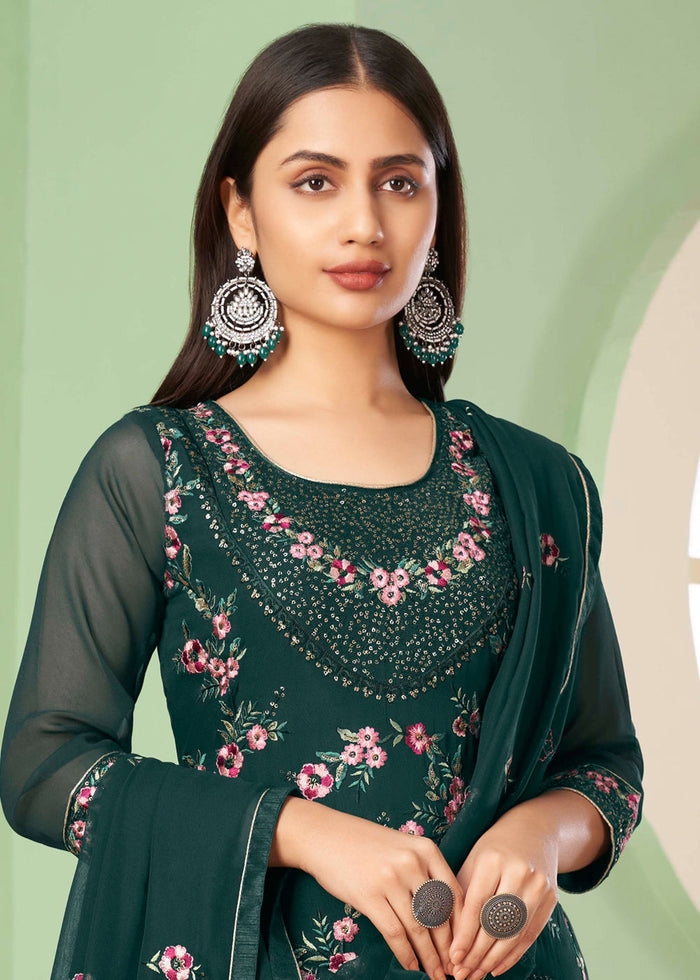 Pine Green Georgette Salwar Suit with Multi Colour Thread Embroidery & Sequence work - qivii