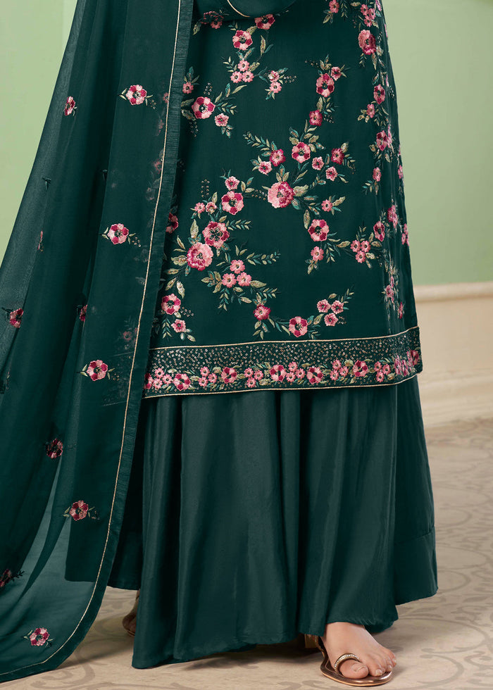 Pine Green Georgette Salwar Suit with Multi Colour Thread Embroidery & Sequence work - qivii