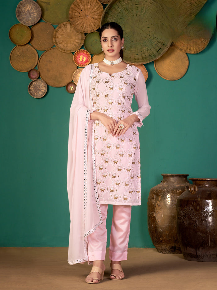 PINK AUX GEORGETTE WITH SLEEVES FABRIC ATTACHED BOTTOM & INNER SALWAR SUIT - qivii