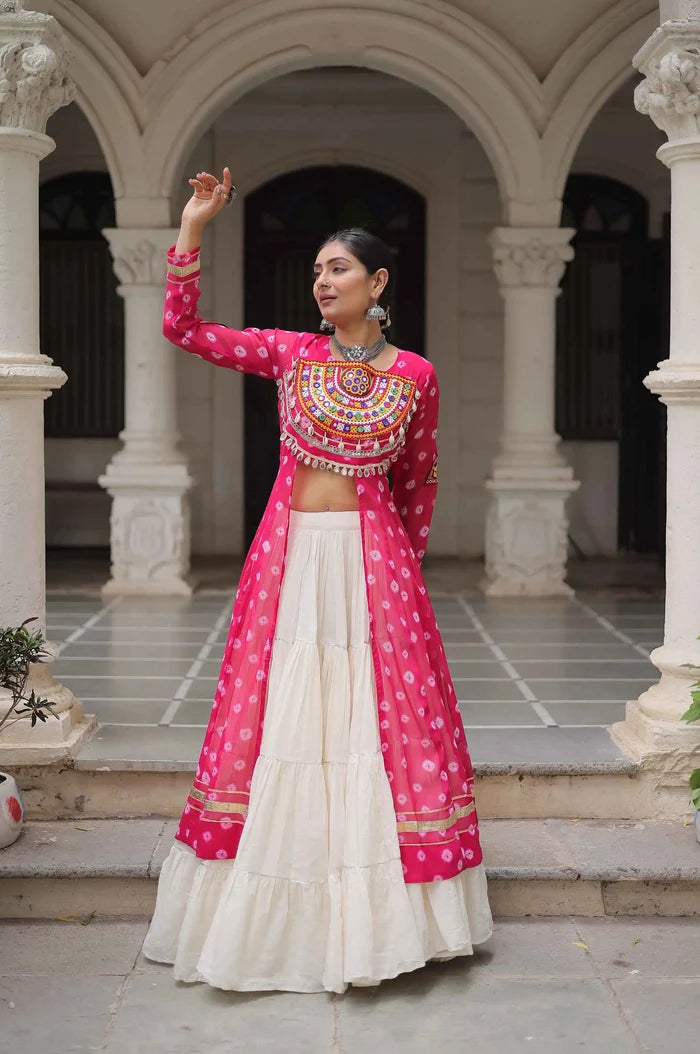 Pink Bandhani Print With Gamthi Patch Work Kurti With Lehenga For Navratri
