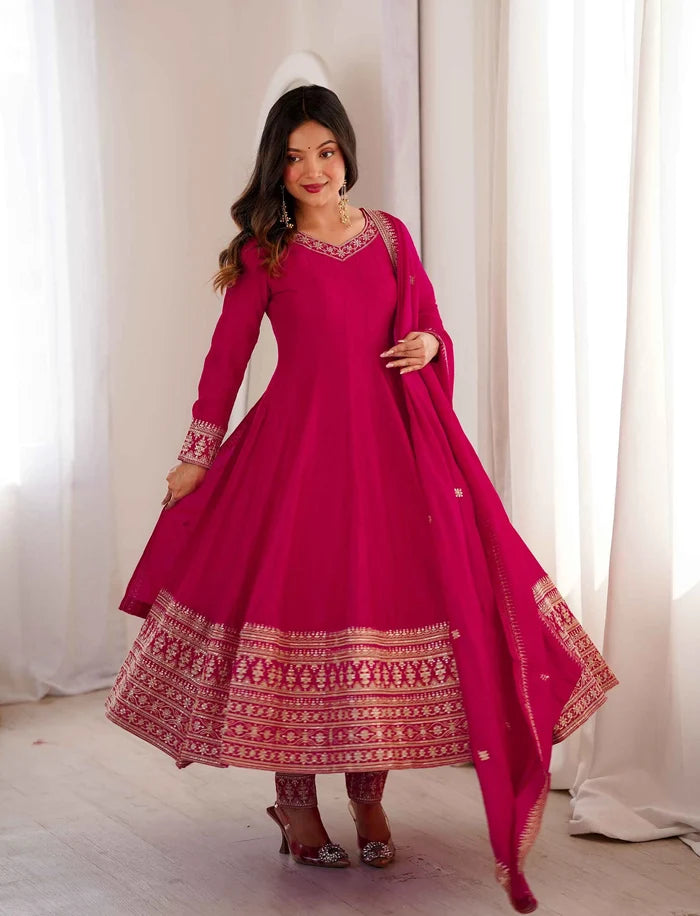 Pink Embroidered Silk Gown & Dupatta