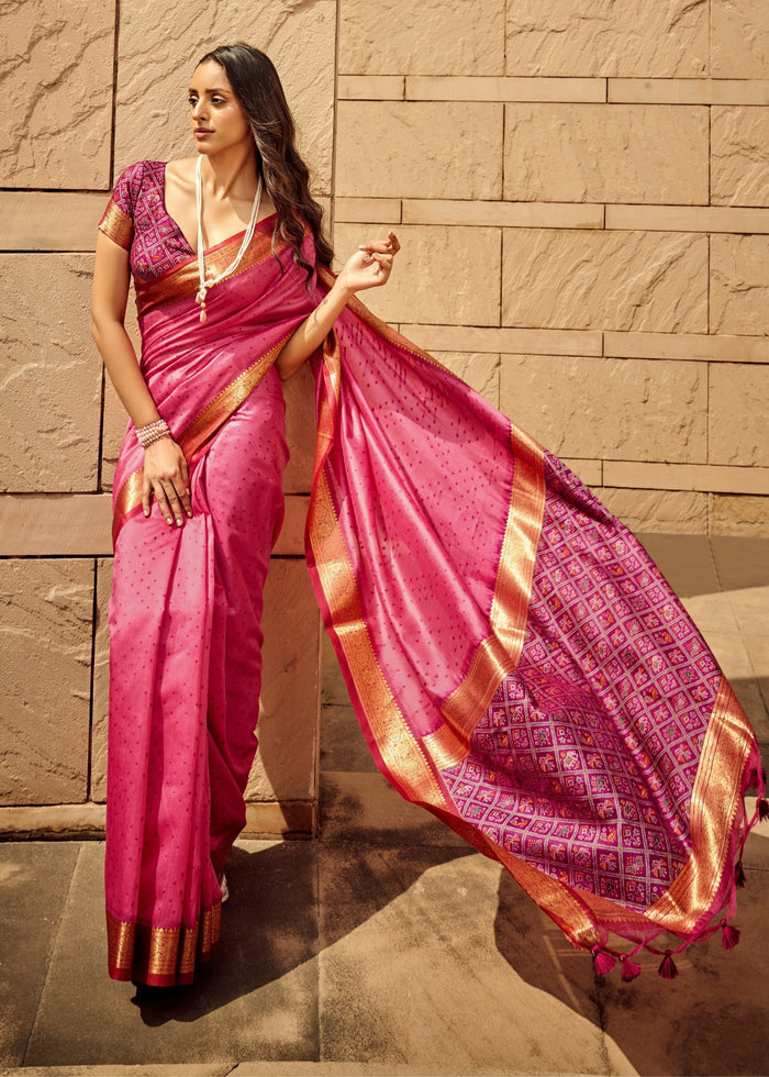 Pink Handloom Weaving Silk Saree - qivii