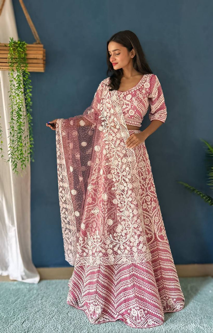 PINK HEAVY NET DESIGNER PURE BITTS PEARL DESIGN WORK LEHENGA - INSPIRED | Ready To Wear - qivii