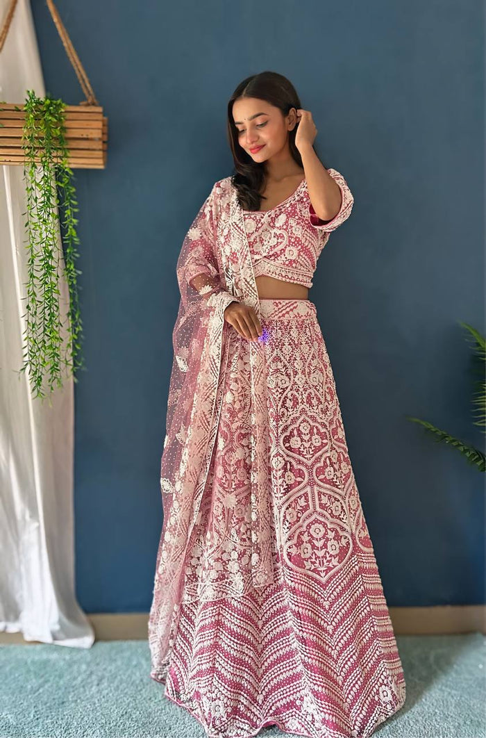 PINK HEAVY NET DESIGNER PURE BITTS PEARL DESIGN WORK LEHENGA - INSPIRED | Ready To Wear - qivii