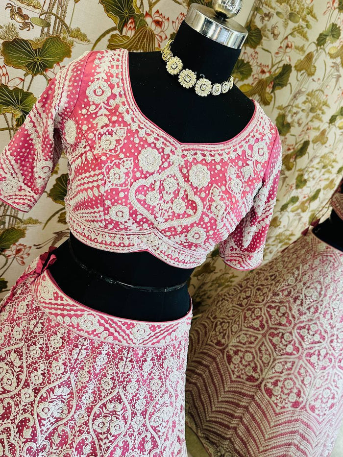 PINK HEAVY NET DESIGNER PURE BITTS PEARL DESIGN WORK LEHENGA - INSPIRED | Ready To Wear - qivii