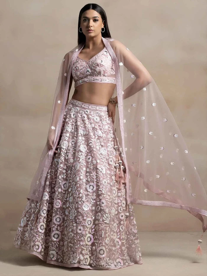 Pink Sequins Work Net Lehenga Choli