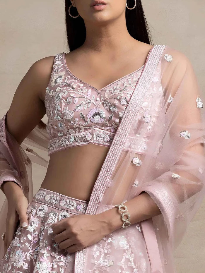 Pink Sequins Work Net Lehenga Choli
