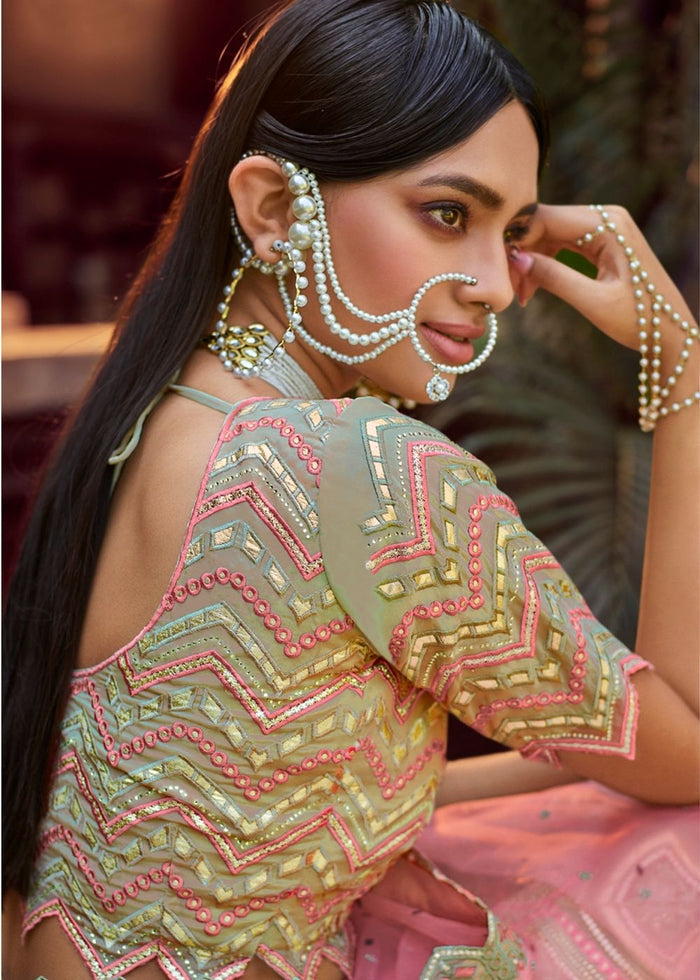 Pista Green Organza Lehenga Choli with Gota & Resham work | Ready To Wear - qivii