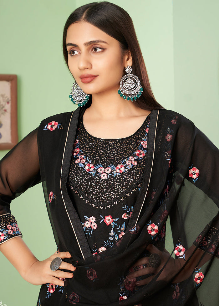 Pitch Black Georgette Salwar Suit with Multi Colour Thread Embroidery & Sequence work - qivii