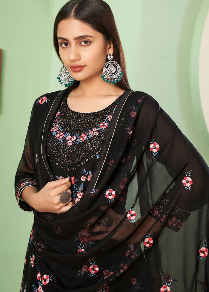 Pitch Black Georgette Salwar Suit with Multi Colour Thread Embroidery & Sequence work - qivii