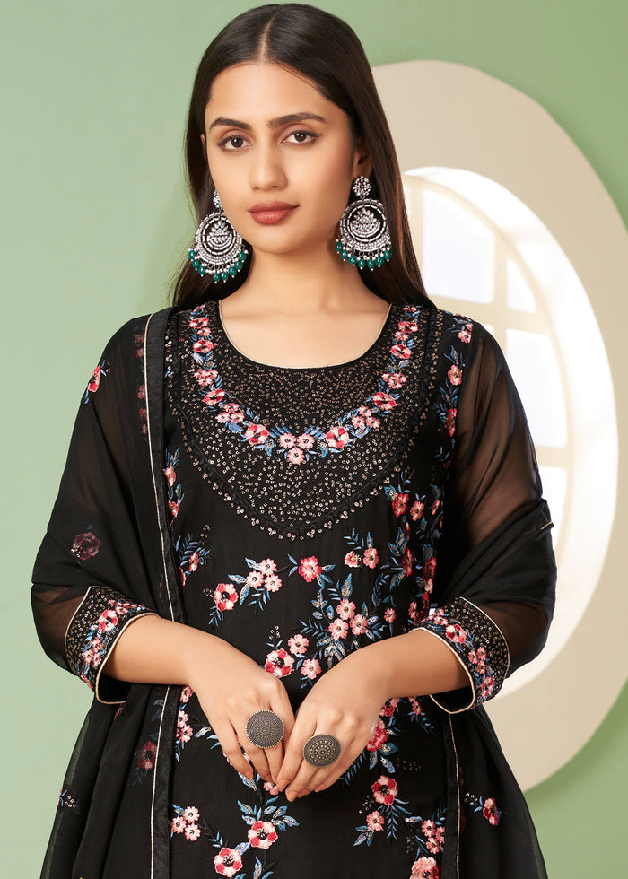 Pitch Black Georgette Salwar Suit with Multi Colour Thread Embroidery & Sequence work - qivii