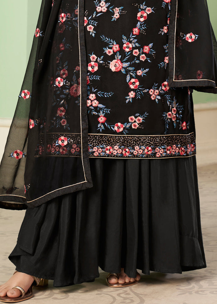 Pitch Black Georgette Salwar Suit with Multi Colour Thread Embroidery & Sequence work - qivii