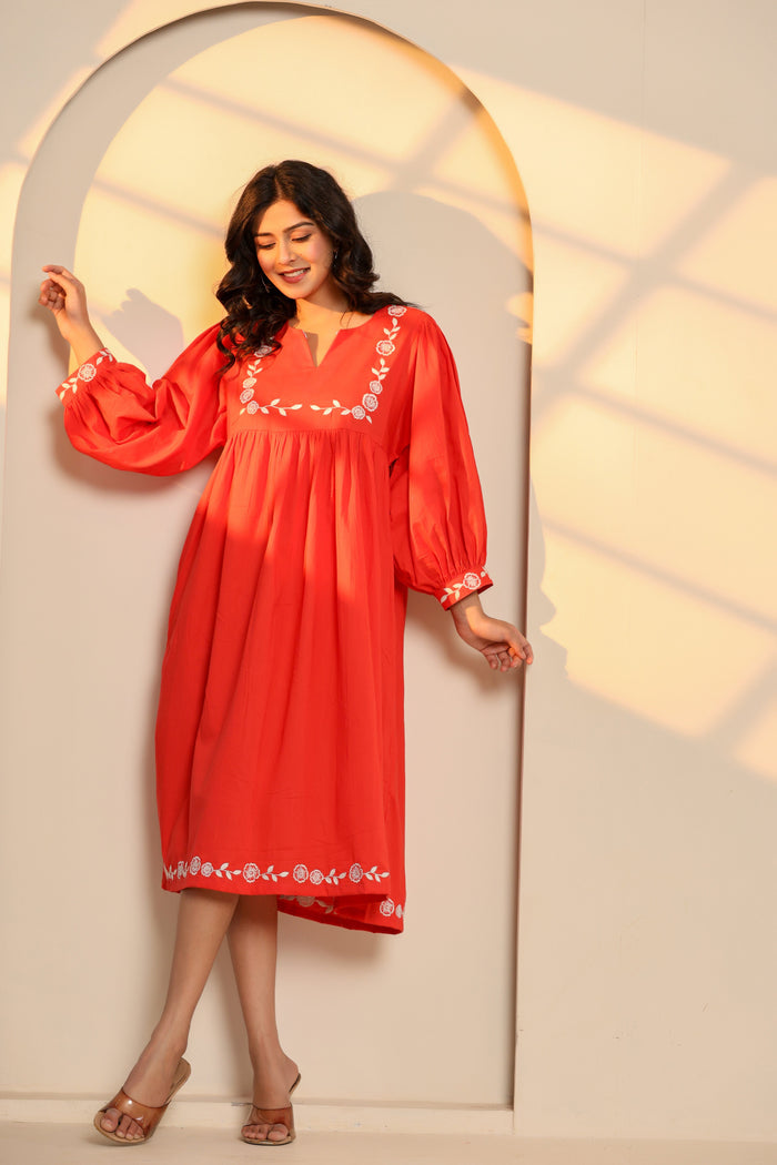 Poppy Red Cotton Embroidered Midi Dress