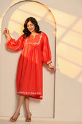 Poppy Red Cotton Embroidered Midi Dress
