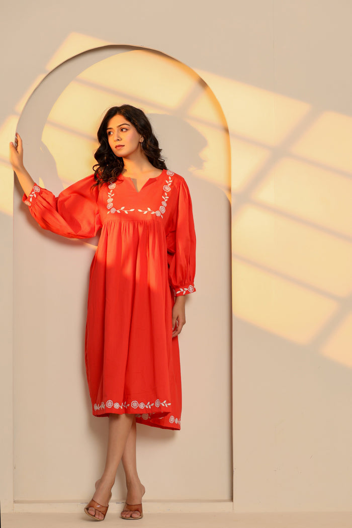 Poppy Red Cotton Embroidered Midi Dress